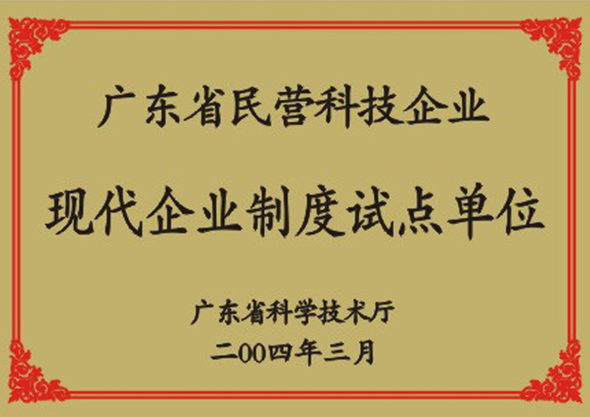 2004年廣東省民營(yíng)科技企業(yè)現(xiàn)代企業(yè)制度試點(diǎn)單位證書